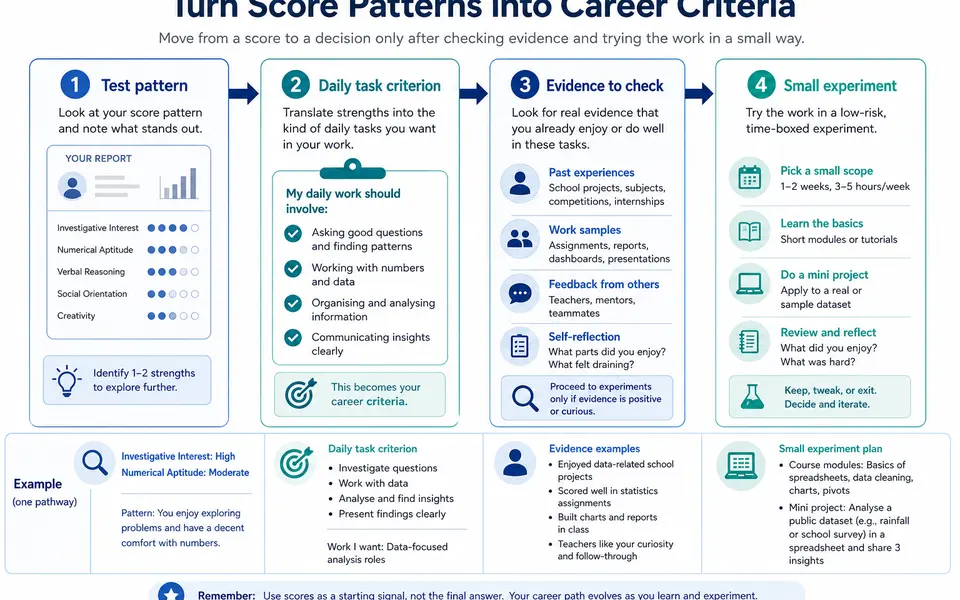 A four-step flow showing psychometric score patterns becoming career criteria, evidence checks and small real-world experiments.
