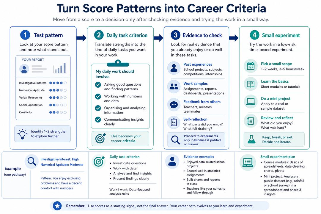 A four-step flow showing psychometric score patterns becoming career criteria, evidence checks and small real-world experiments.